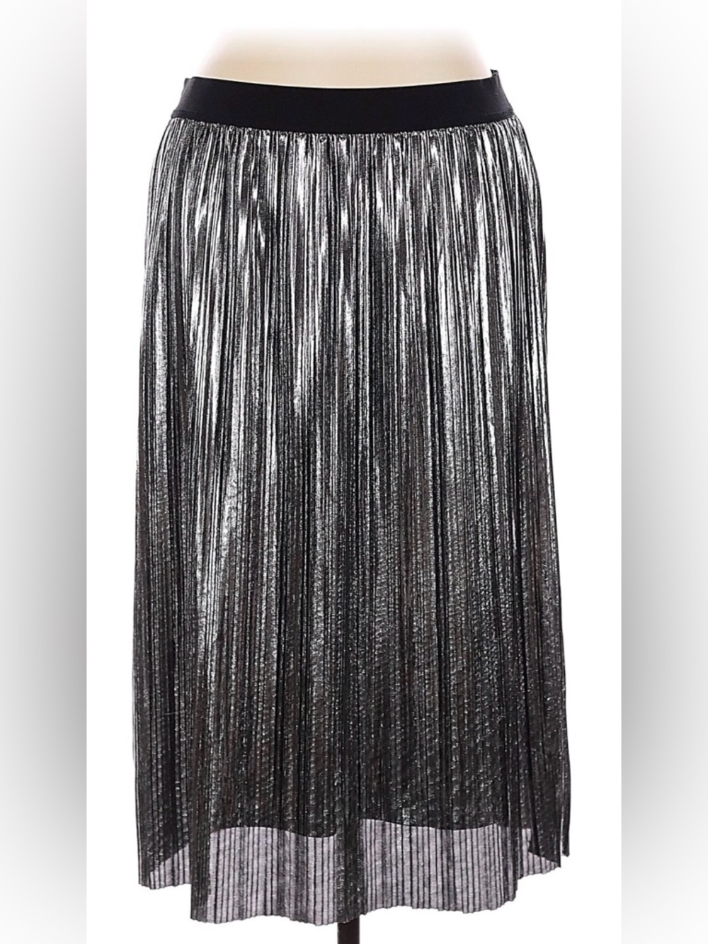 Project Runway Womens Pleated Metallic Midi Skirt in Black Silver New With Tags